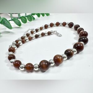 🤎Tigers Eye Silver Silver Tone Beaded Necklace